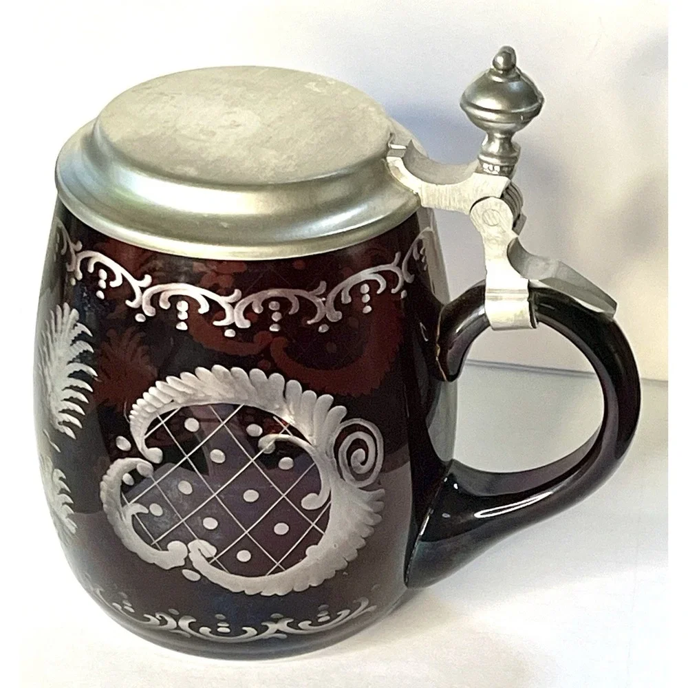 Vintage Bohemian Cut-to-Clear Glass Stein Beer Mug with Pewter Lid Grouse Design